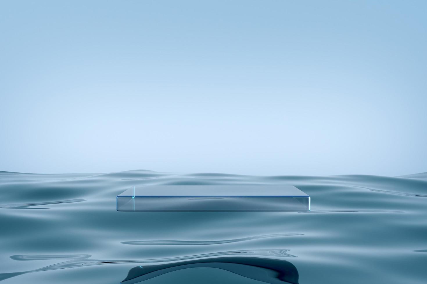 Glass podium on blue water background. photo