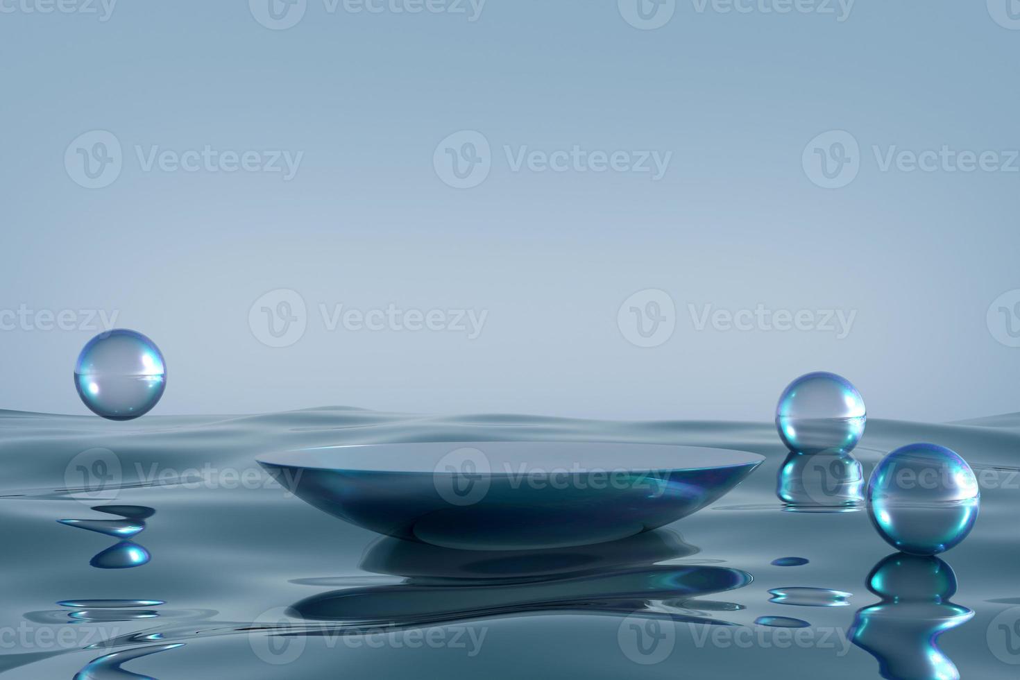 podio de vidrio sobre fondo de agua azul. foto
