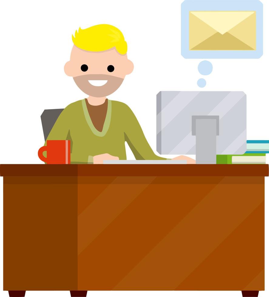 Young man sit at table with computer and receives letter. e-mail in messenger. Cartoon flat illustration. Work in office. postal envelope in bubble, chat with friends on Internet vector