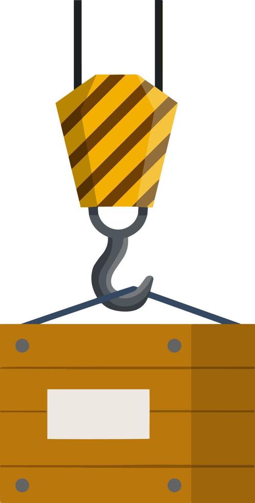 Industrial crane lifts wooden crate. Loading and transportation of cargo. Cartoon flat illustration. Yellow hook. hanging box. Element of plant. Shipment, carriage of goods vector