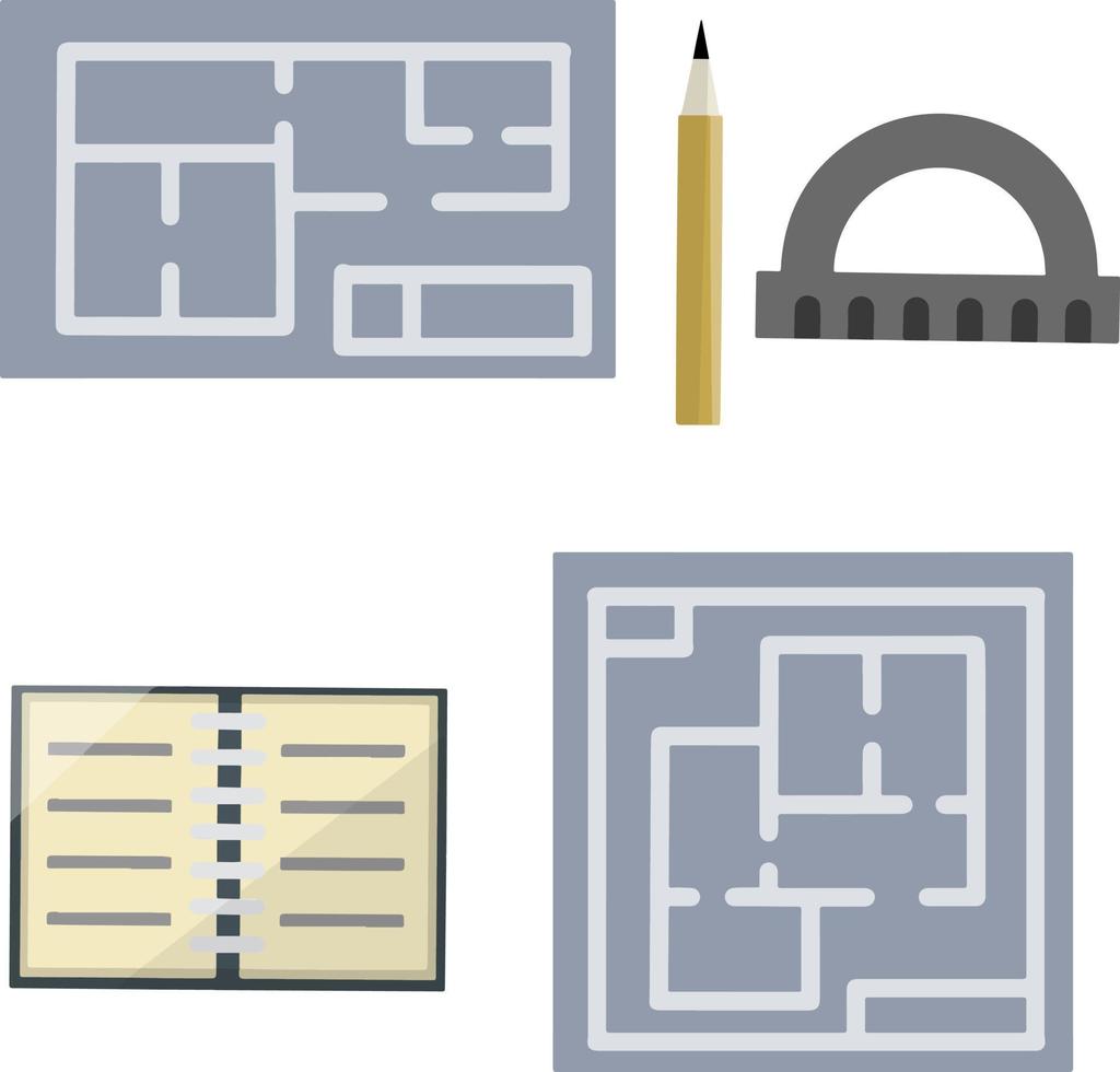 Dibujo de construcción. plan azul en papel. plano de la casa. trabajo de ingeniería. conjunto de herramientas de escritura. caricatura plana vector