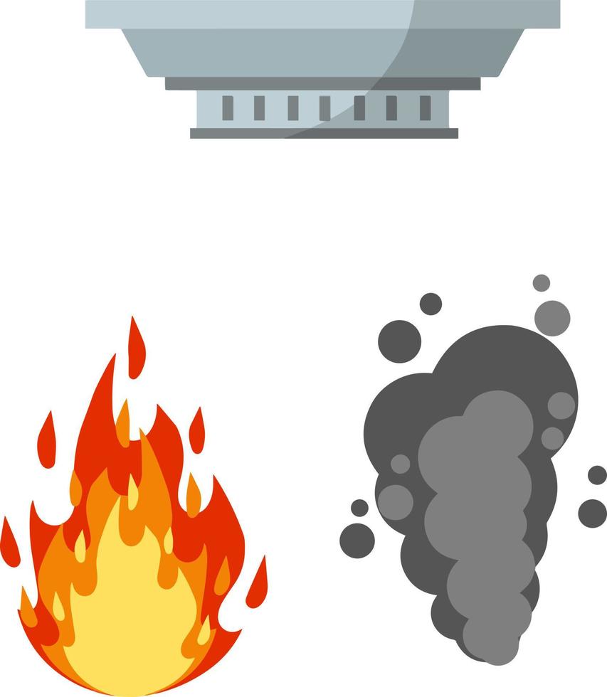 Fire safety. Set of items-Alarm siren ring, smoke sensor, flame. Dangerous situation. Accident protection. alert and problem. Cartoon flat illustration vector