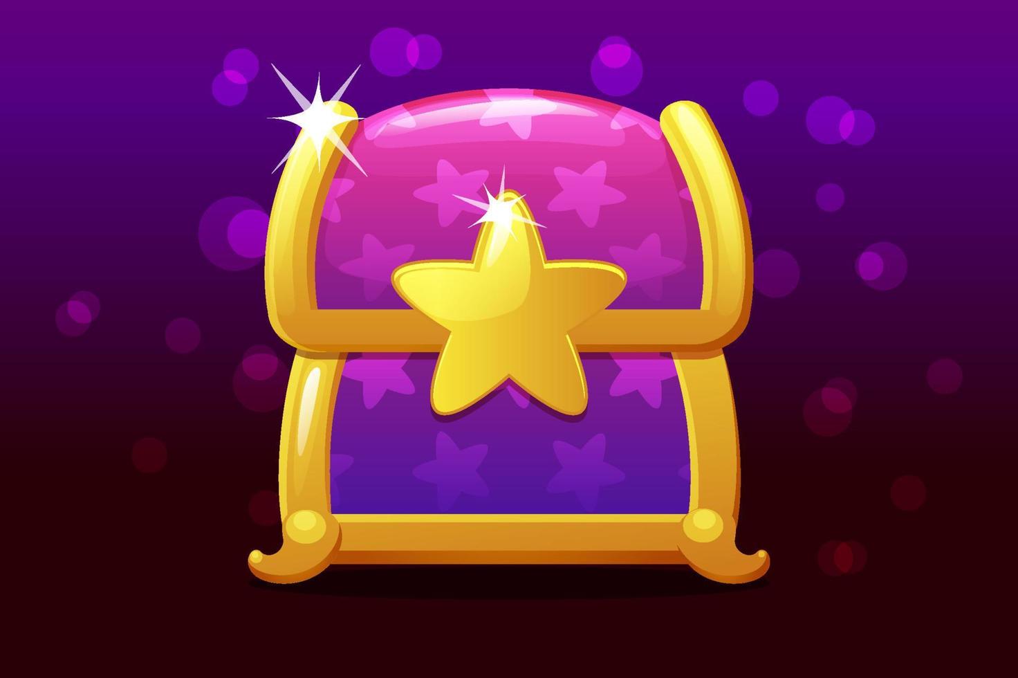 Cartoon cute closed chest with star for game. Vector illustration purple surprise box icon for gift.