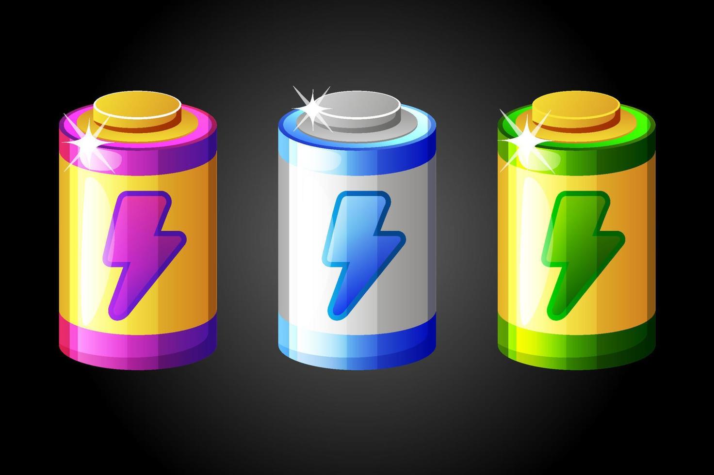 Set cartoon energy batteries for the game. Vector illustration isolated multicolored battery icons for graphic design.