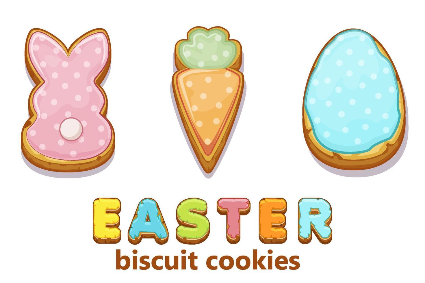 Happy Easter with cute bunnies and egg biscuit cookies. Vector illustration holiday greeting with carrot cookies and inscription.