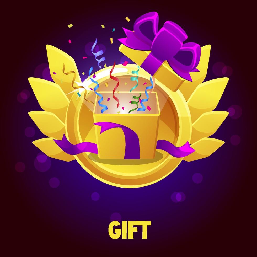 Cartoon gift box with confetti with golden wings for the game. Vector illustration framed bright birthday prize for graphic design.