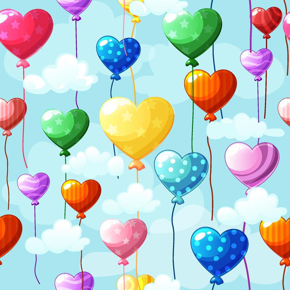 Seamless pattern heart-shaped colored balloons in the sky with clouds background. Vector illustration romantic texture for wrapping, wallpaper for Valentines Day.