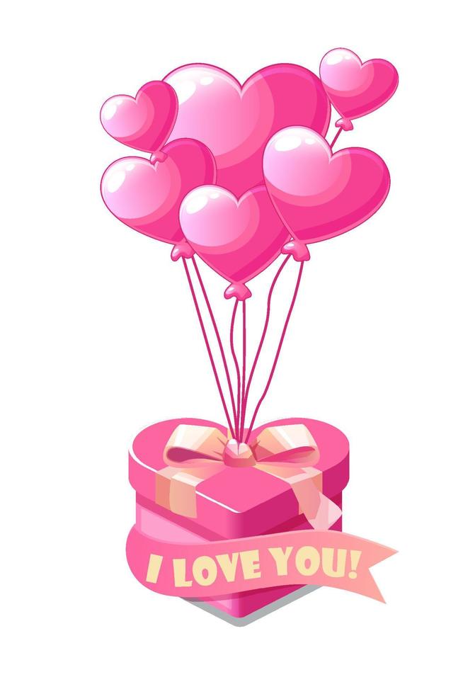Bunch pink heart-shaped balloons with gift box for Valentines Day. Vector illustration cute festive balloons with bow for declarations of love.