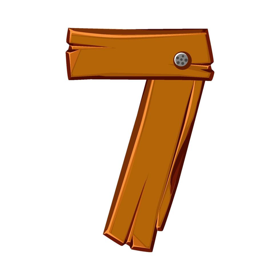 Wooden number 7. Cartoon wooden plank in seven digit. vector