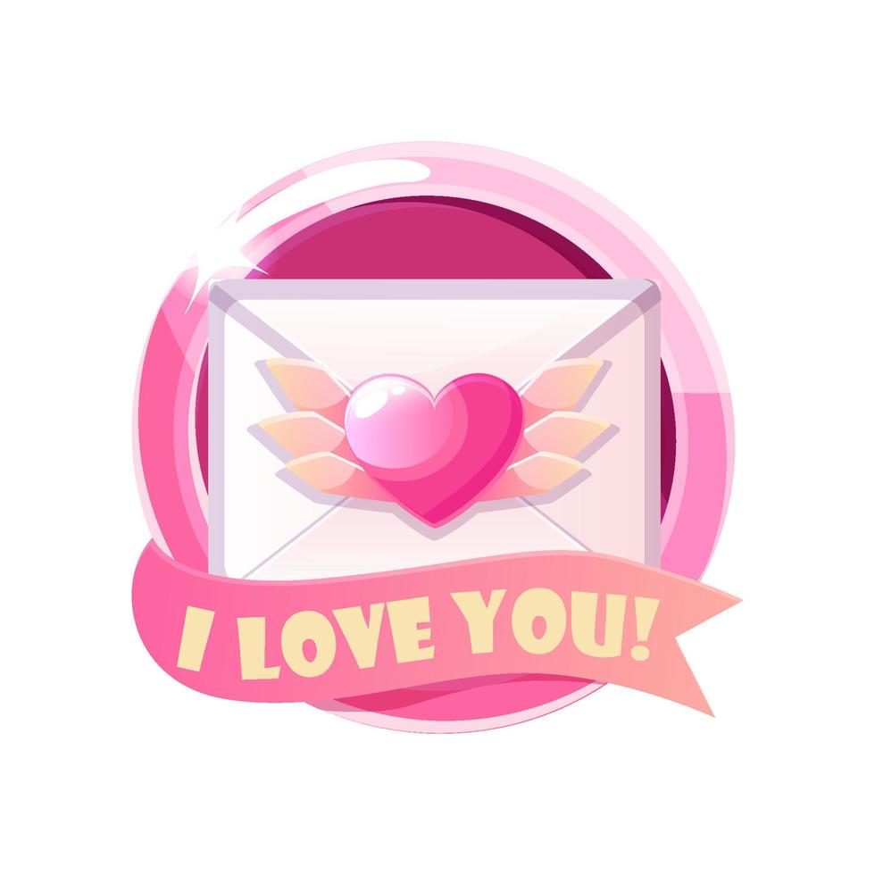 Valentines Day envelope letter icon with wings. Vector illustration pink icon in a frame with the inscription I love you.