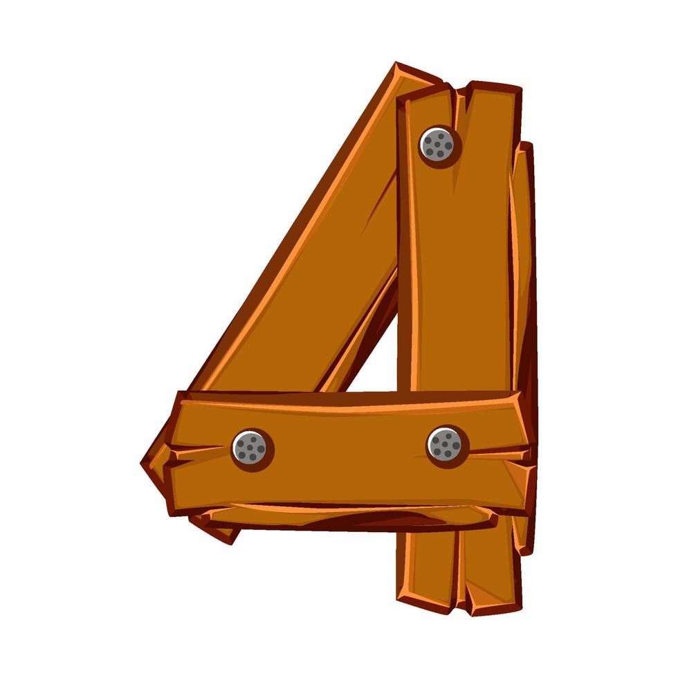 Wooden number 4. Cartoon wooden plank in Four digit. vector