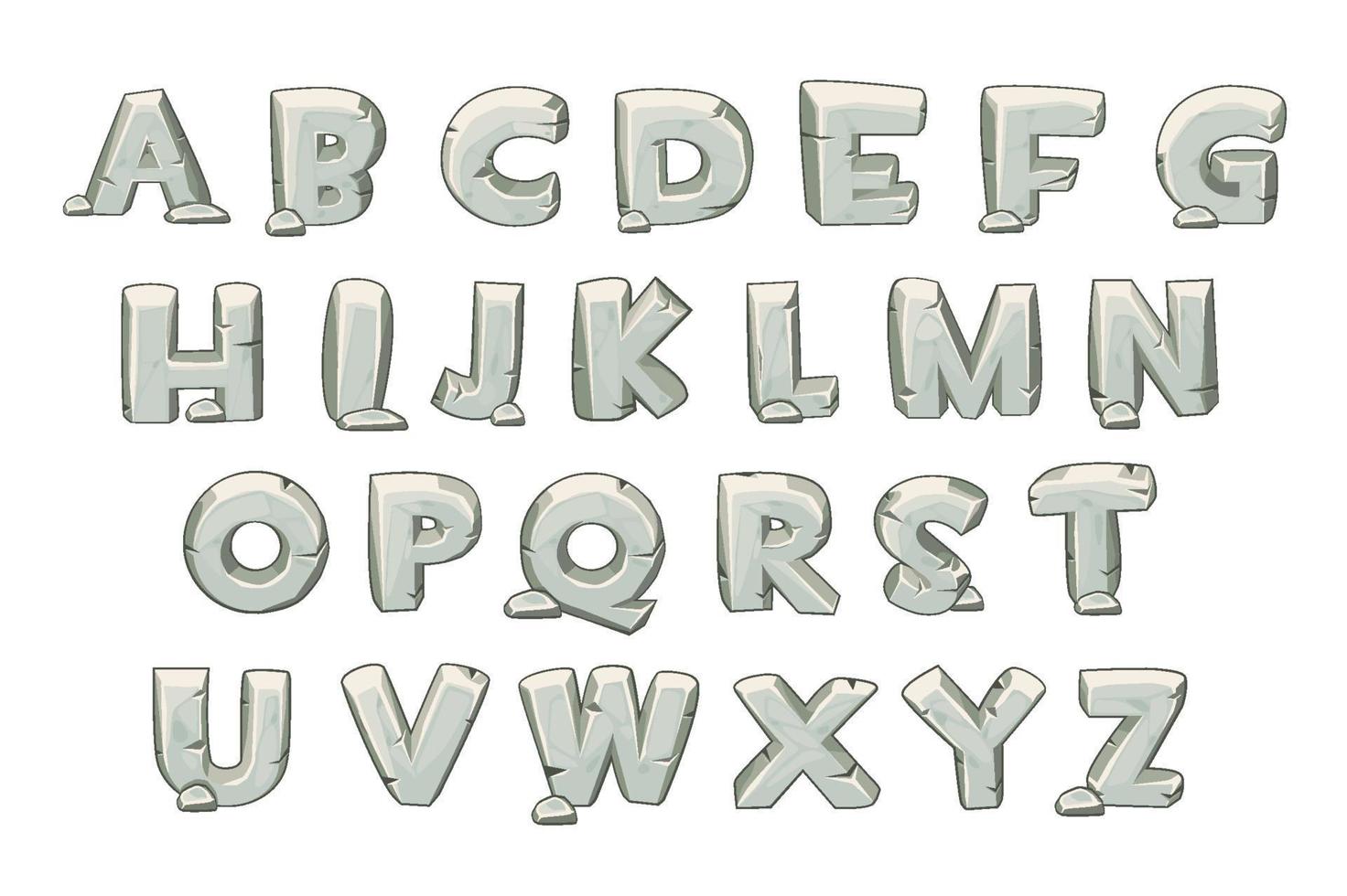 Stone alphabet set for learning on a white background. Vector illustration gray letters, font from rocks for design.
