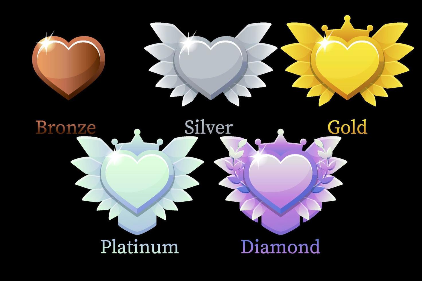 recompensas, oro, plata, platino, bronce, corazón de diamantes para el juego. ilustración vectorial establece diferentes premios de mejoras de amor romántico para el ganador. vector