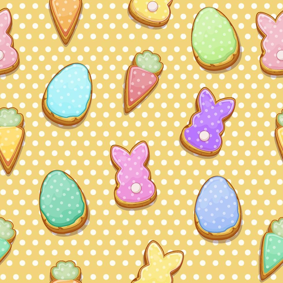 Easter cookies cute seamless pattern, festive wrapping texture. Vector illustration yellow background with bunnies and eggs for wallpaper.