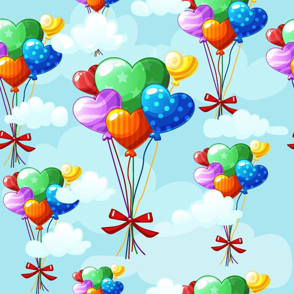 Seamless pattern heart-shaped colored balloons in the sky background. Vector illustration romantic festive texture for wrapping paper, wallpaper for Valentines Day.