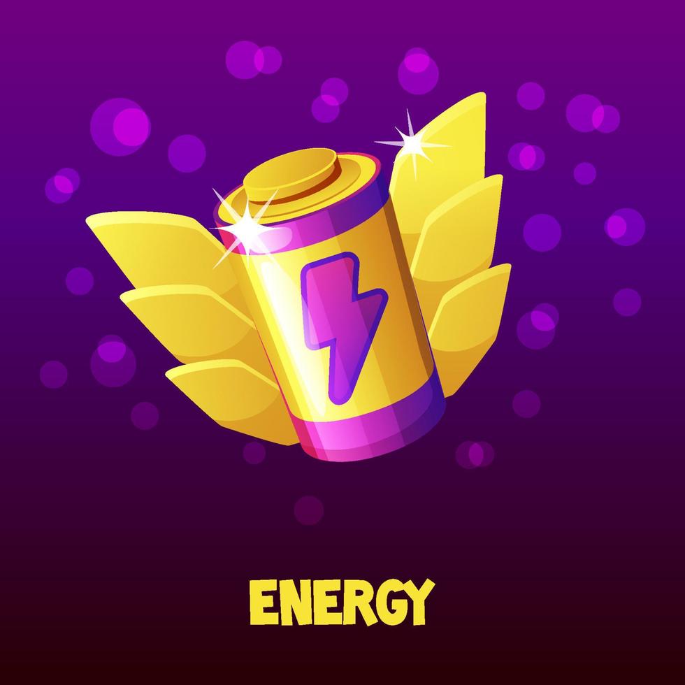 Cartoon purple energy battery with golden wings for the game. Vector illustration charge game badge icon for graphic design.