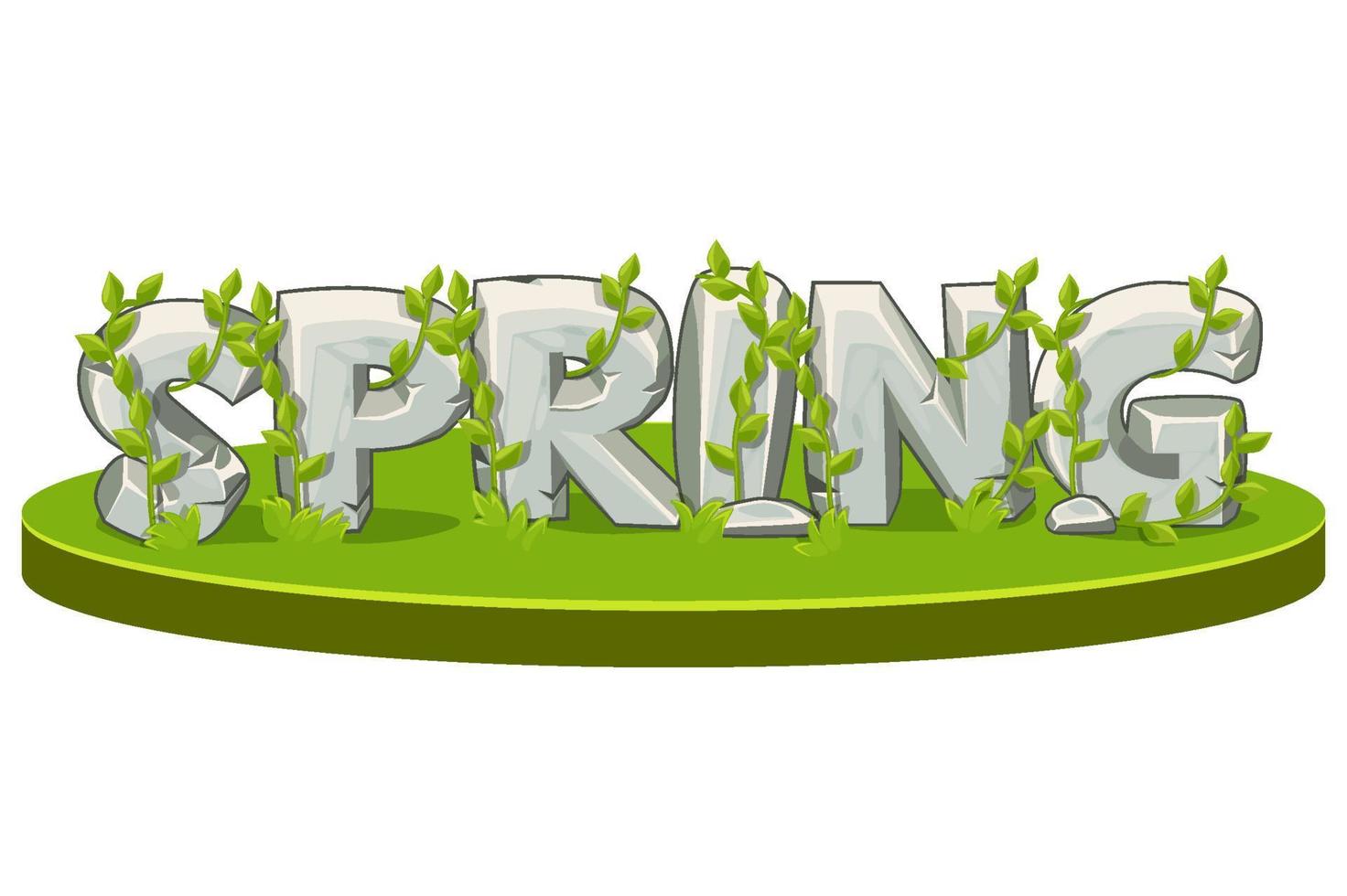 Cartoon logo spring from stone on island isometric with grass. Vector illustration glade with rocks word for game graphic design.