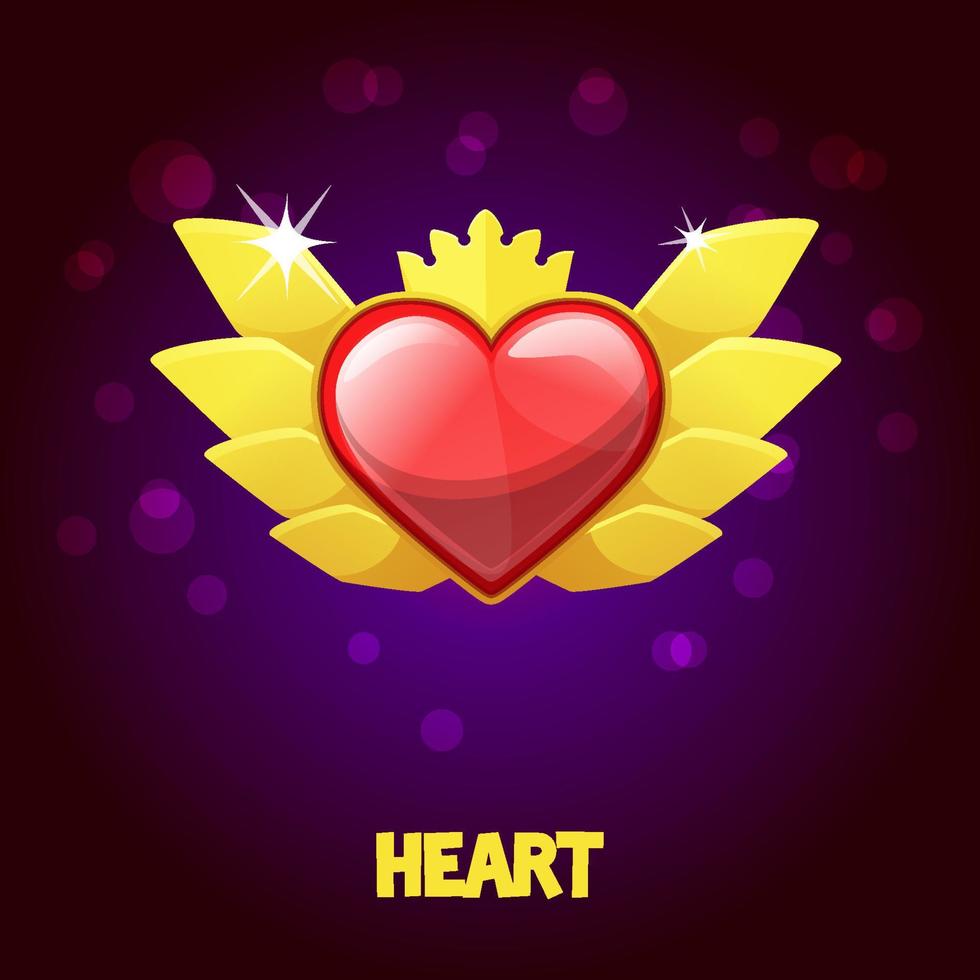 Icon golden heart with wings and crown for the game. Vector illustration heart life on background for graphic design.