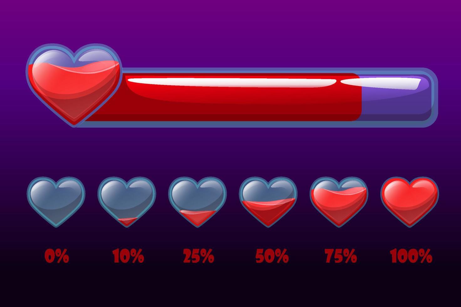 Life scale in percent, health bar with hearts for game. Vector illustration concept life lines for GUI.