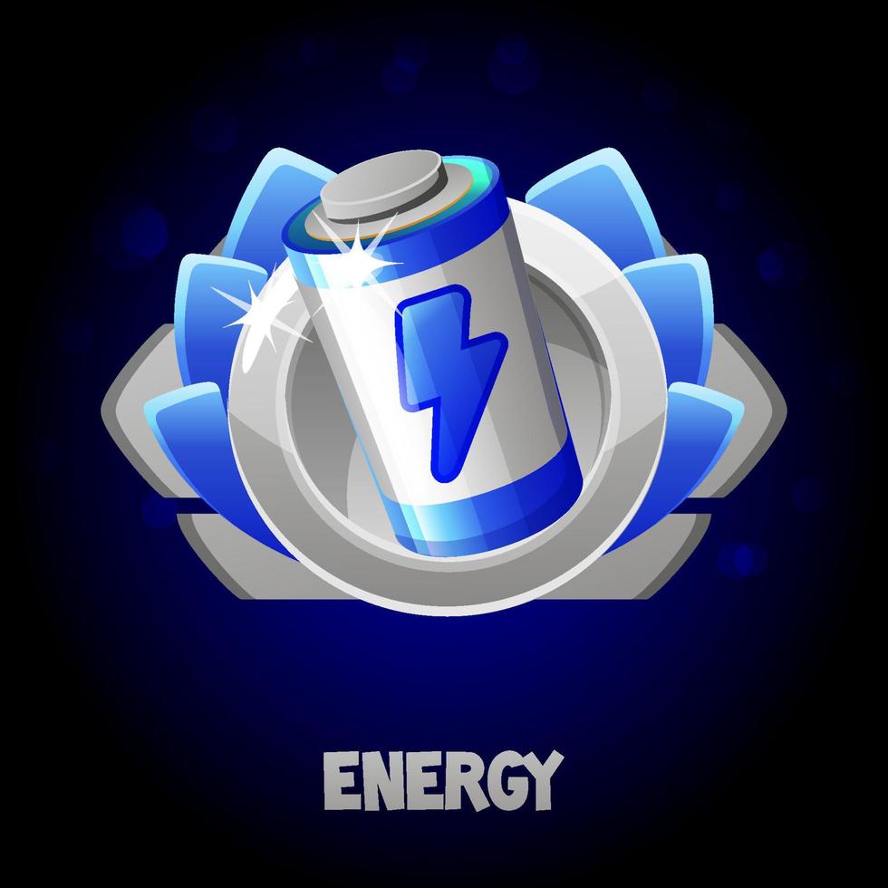 Cartoon blue energy battery in a frame for the game. Vector illustration charge game silver prize icon for graphic design.