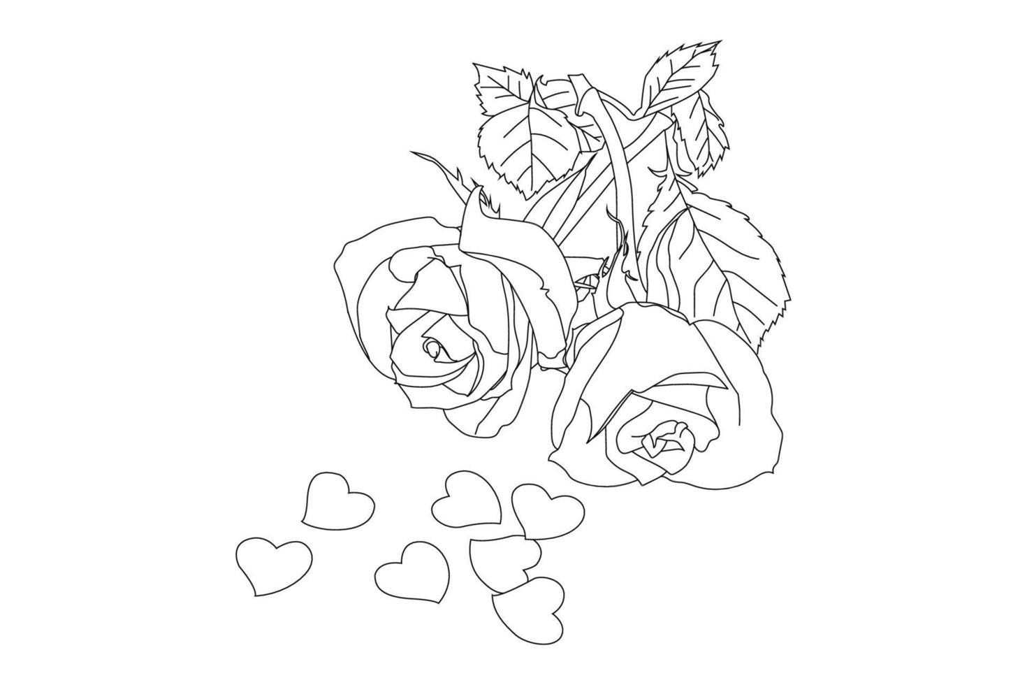 rose flowers drawing with line-art on white backgrounds. Vector outline flowers. Line art coloring page with roses and leaves