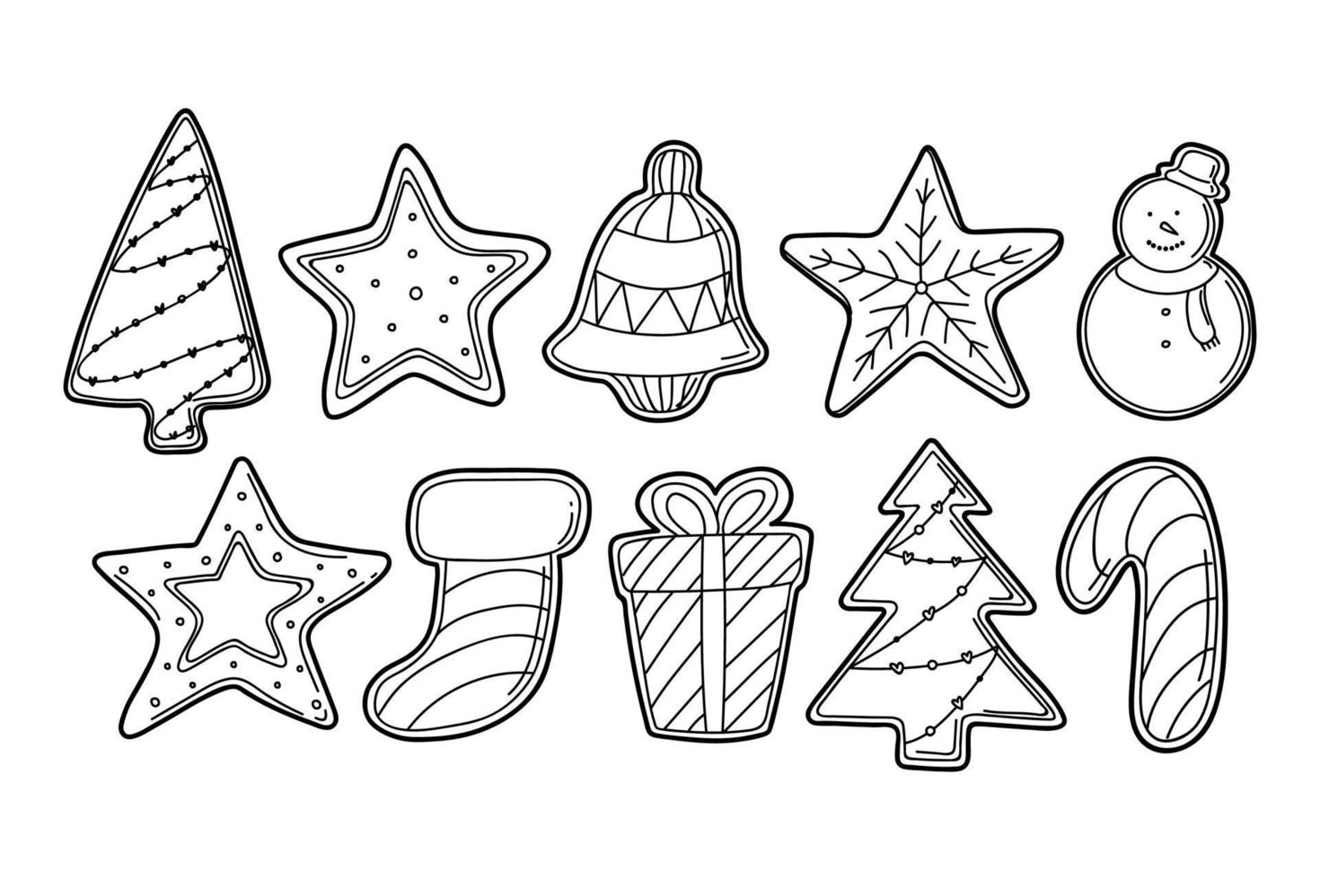 Hand drawn vector doodle set of gingerbread Christmas cookies in black outline for kids coloring book