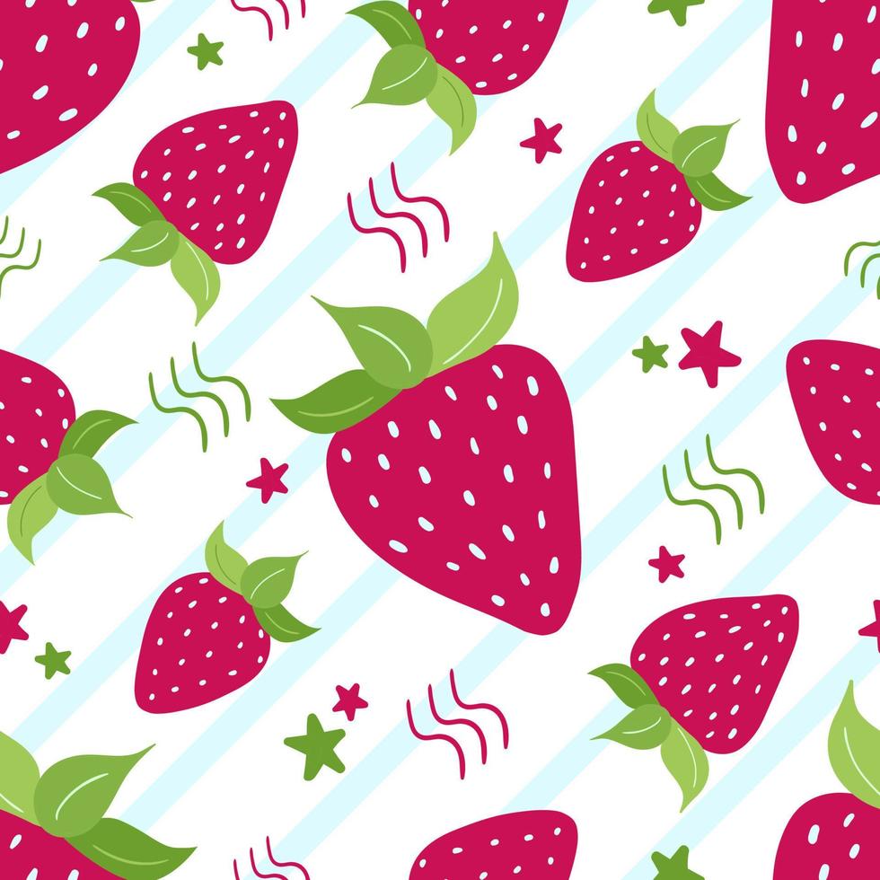 Hand drawn pink strawberry doodle seamless pattern with stripes, leaves, stars isolated on white background. vector