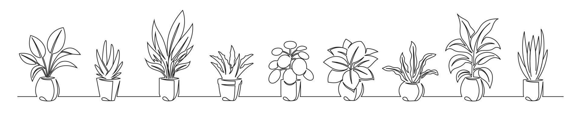 conjunto de dibujo de línea continua de flores en macetas vector