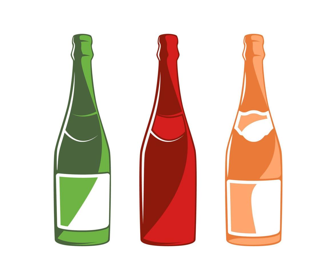 Colección de botellas de champán aislado sobre fondo blanco. vector