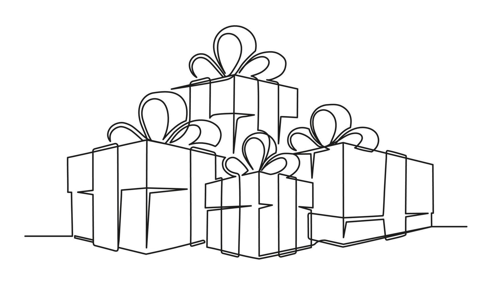 Set of continuous one line drawing of Christmas gift boxes vector