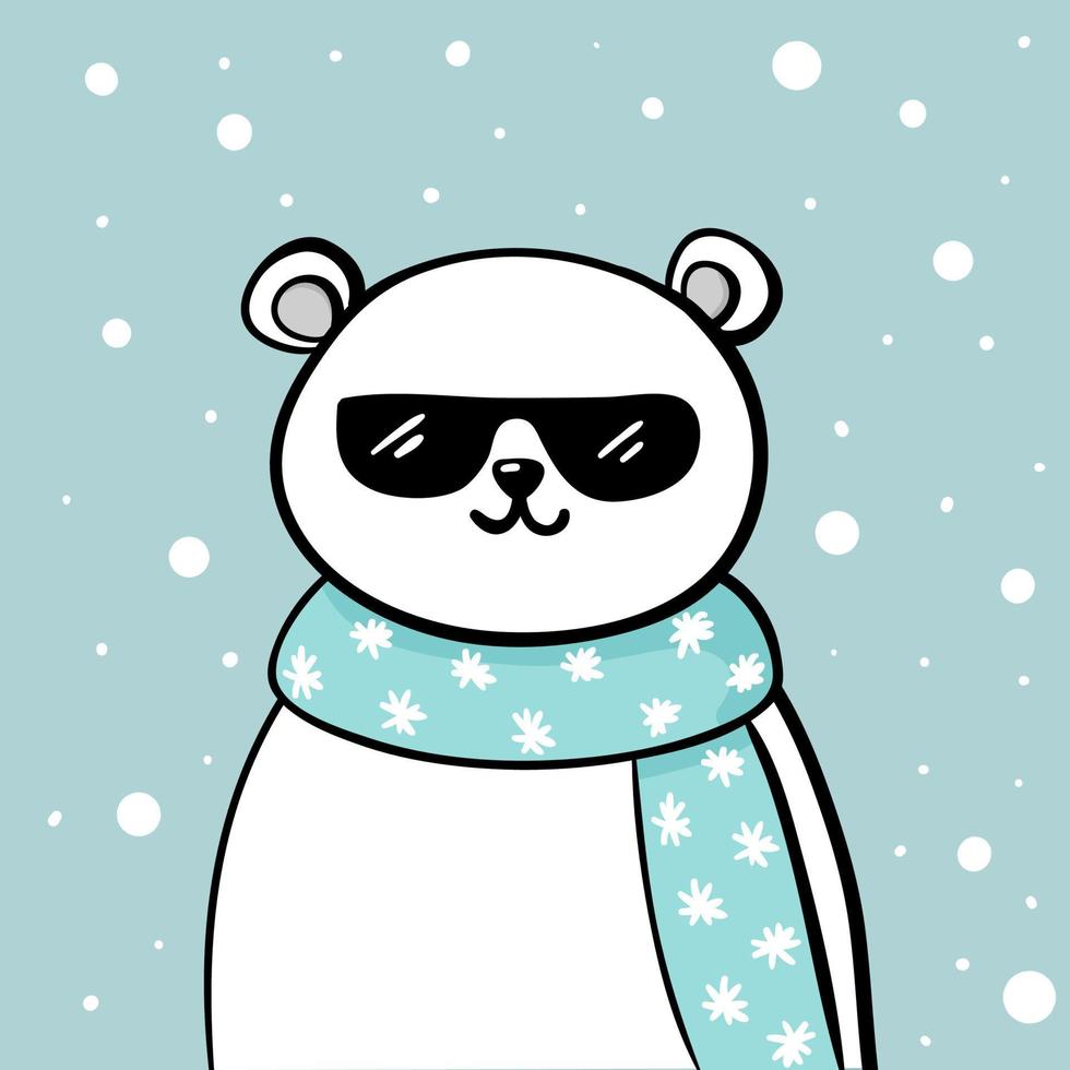 fresco oso polar en gafas de sol. tarjeta de año nuevo para niños con un lindo oso blanco y nieve en garabato vector