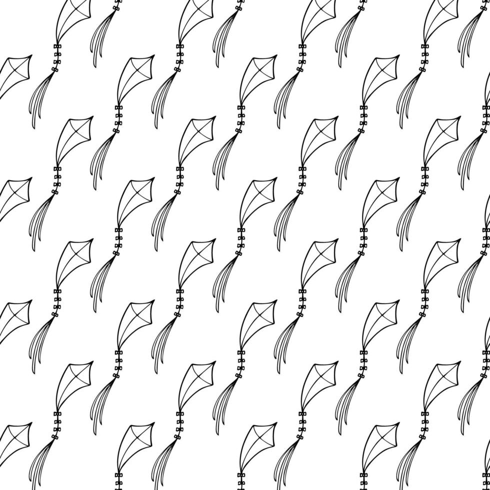 Kite vector seamless pattern doodle, hand drawn, minimalistic, monochrome. Black and white