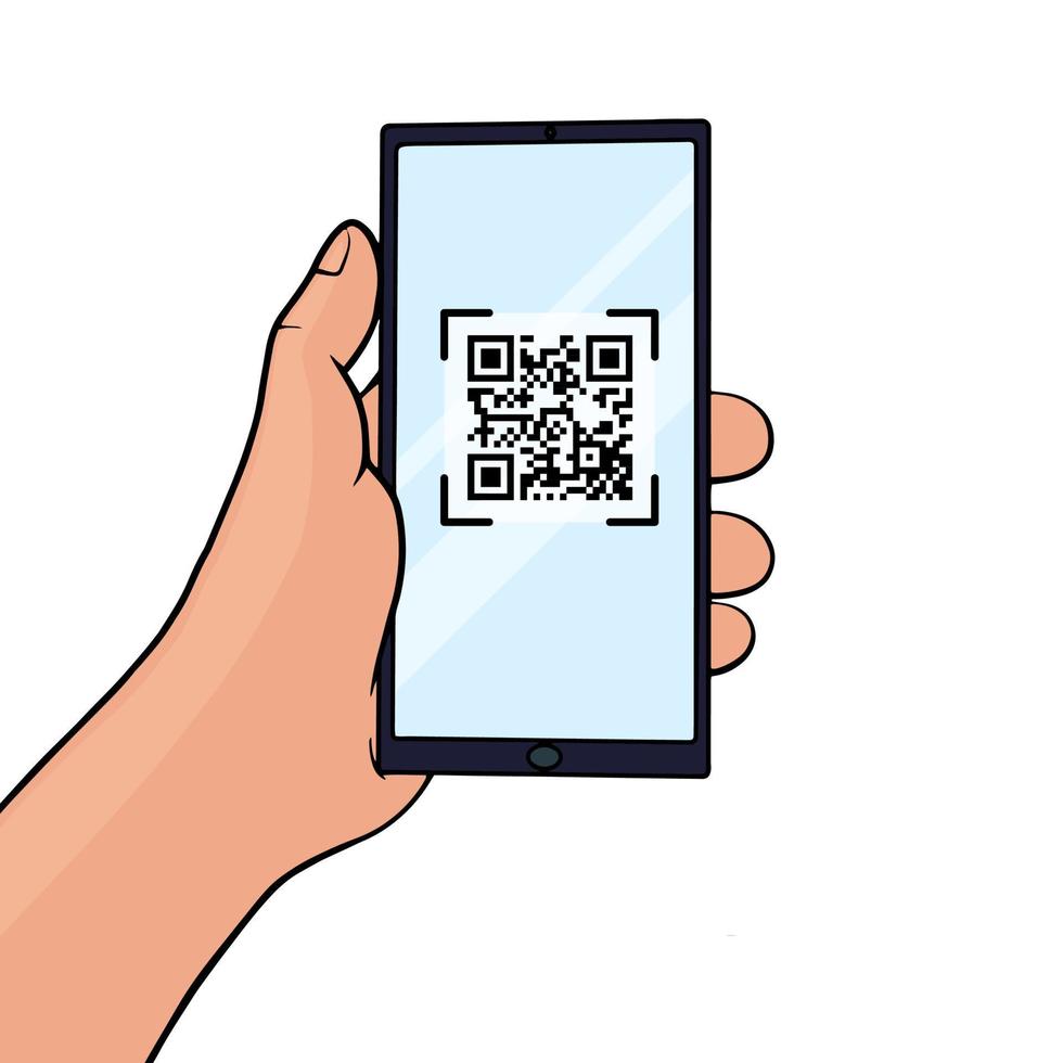 Hand holding a mobile phone with QR code on the screen. QR code scanning  in smartphone. Barcode scanner for pay, web, app, promo. vector