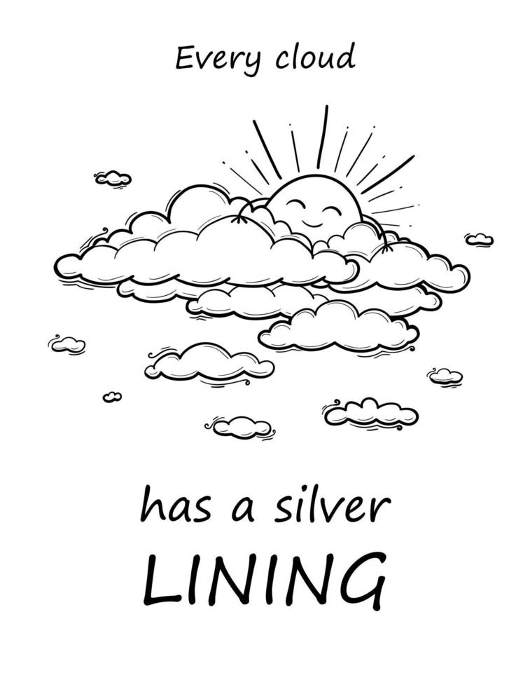 Sun and Cloud kids drawing for nursery in cartoon outline style. Vector illustration isolated