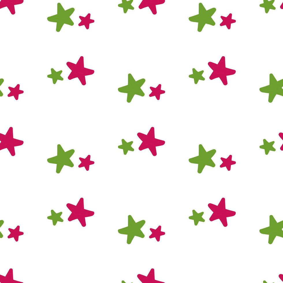 Hand drawn pink and green stars doodle summer seamless pattern isolated on white background vector