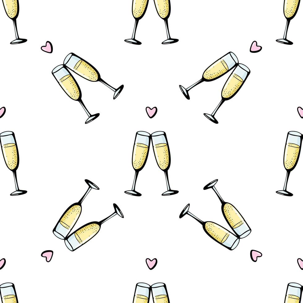 Glasses of champagne seamless doodle pattern. Cheers vector illustration on white background. Valentines day greeting card, anniversary celebration poster