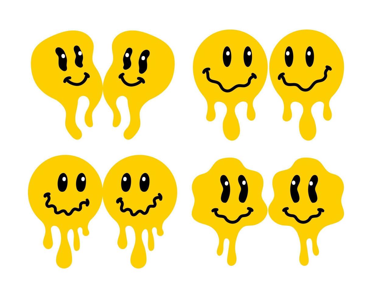 Melting smile vintage illustration. Retro psychedelic melt smile face logo. Dripping smile. Good mood. Positive emoji sticker. Vector groovy emoji face.