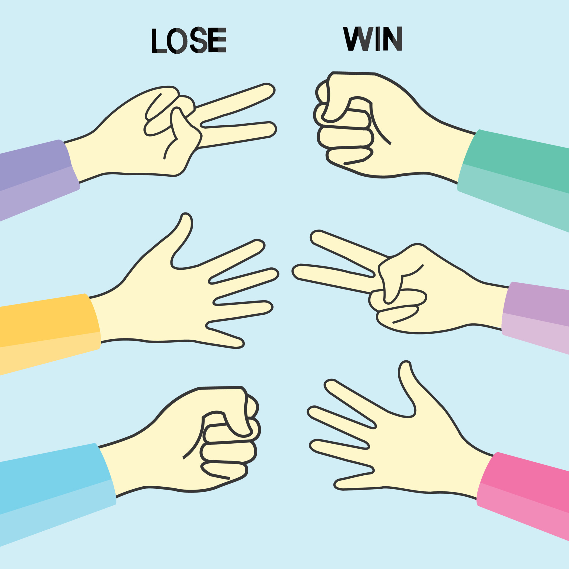 Hand game. Rock Paper Scissors on blue background. 12616134 Vector Art