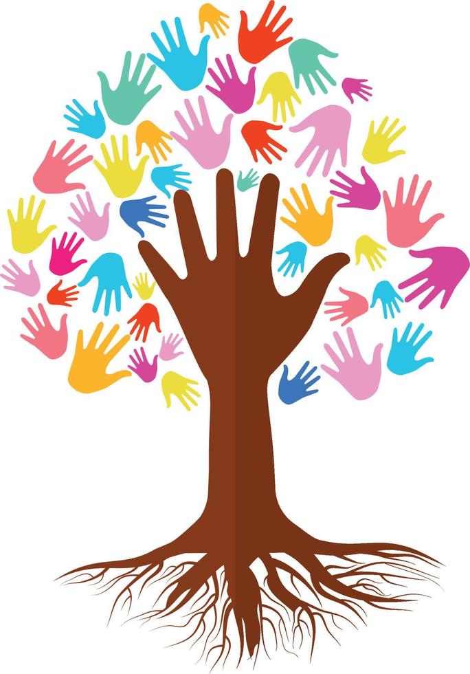 mano colorida con árbol aislado sobre fondo blanco. vector