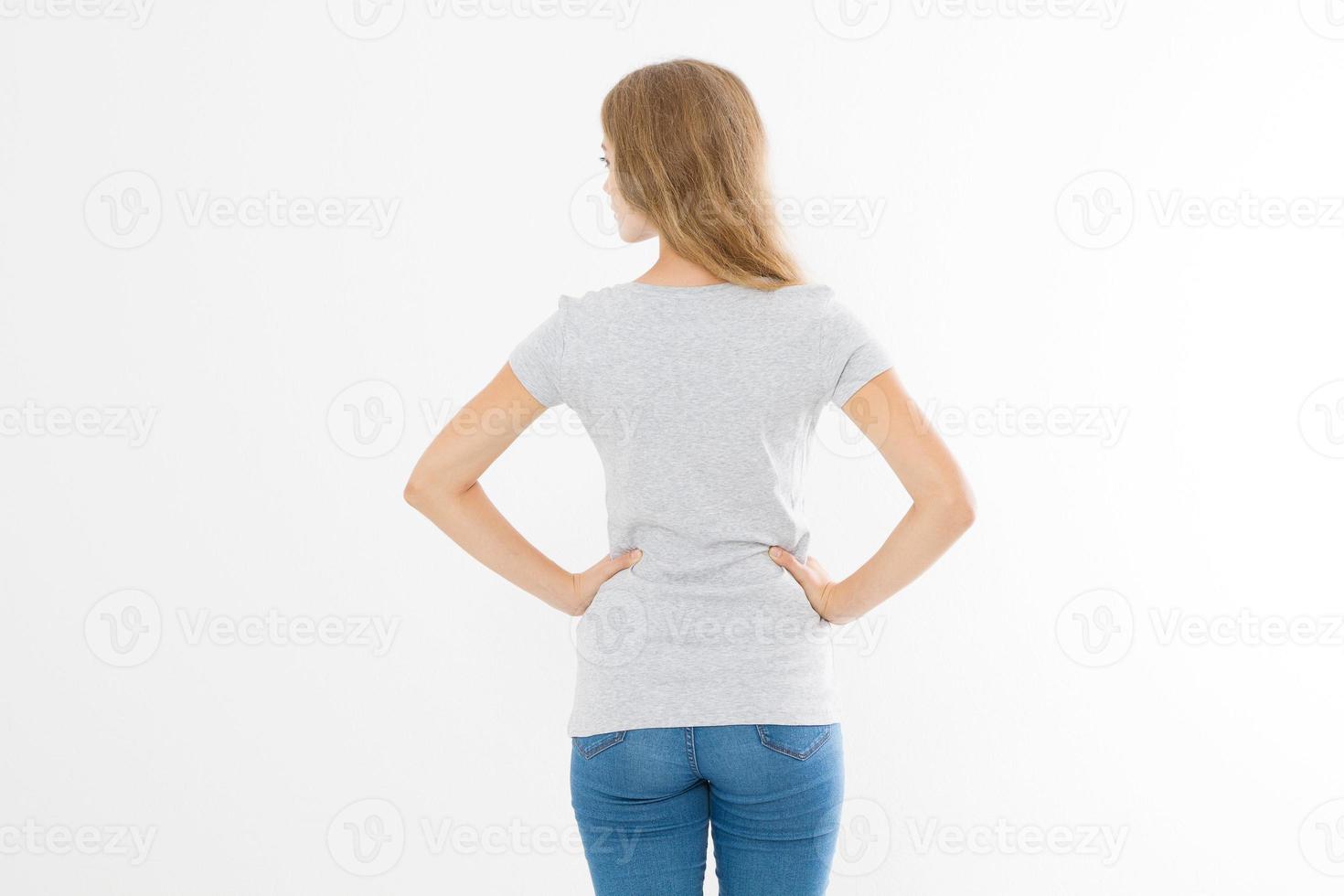 Woman in template blank t shirt isolated on white background. Back view. Mock up. Copy space. photo