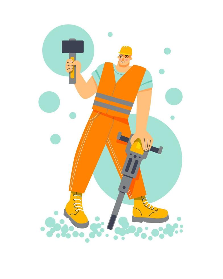 strong roadman in orange suit holds hammer and jackhammer vector