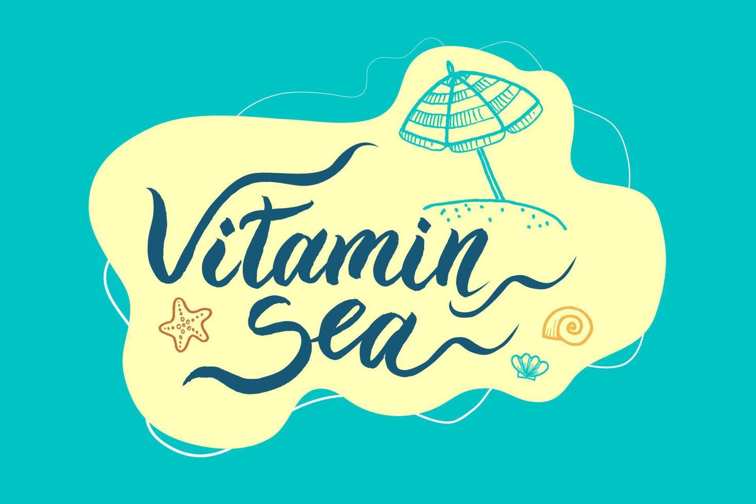 letras de vitaminas marinas, conchas marinas, estrellas de mar y sombrillas vector