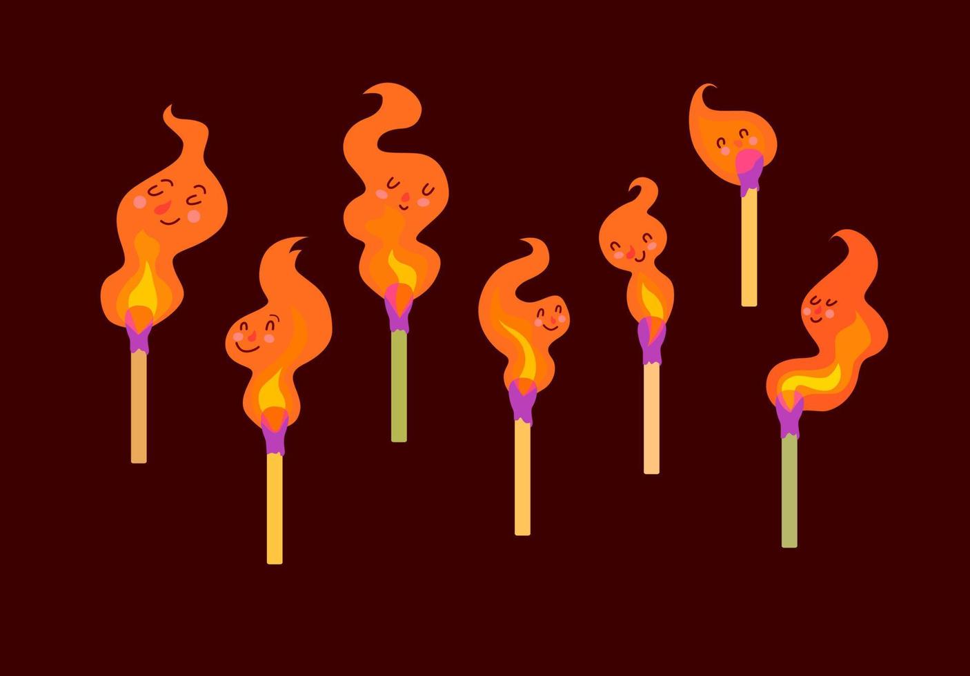 Cute burning matches fire on a dark brown background. vector