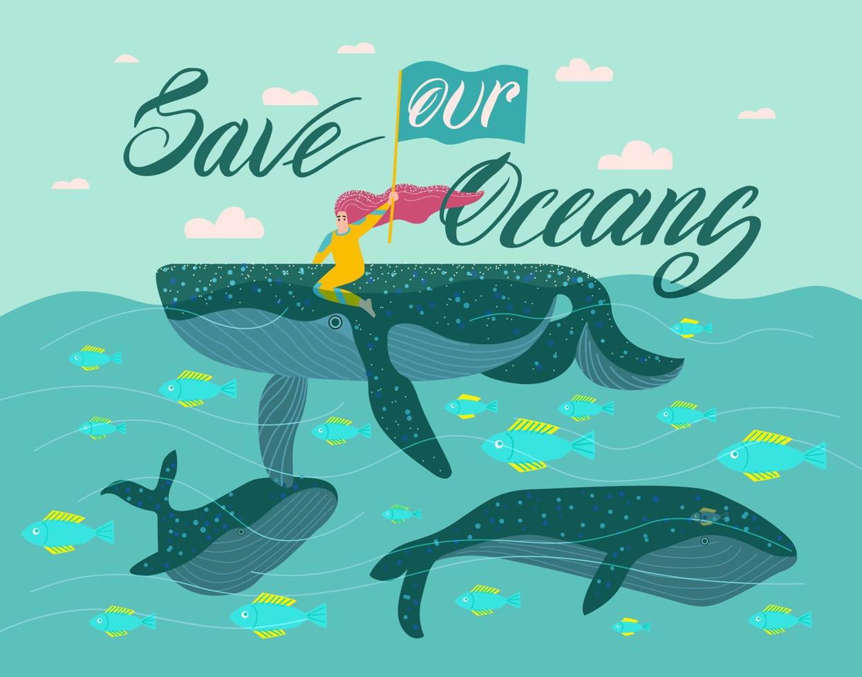 poster concept girl saves whales. Save our oceans vector