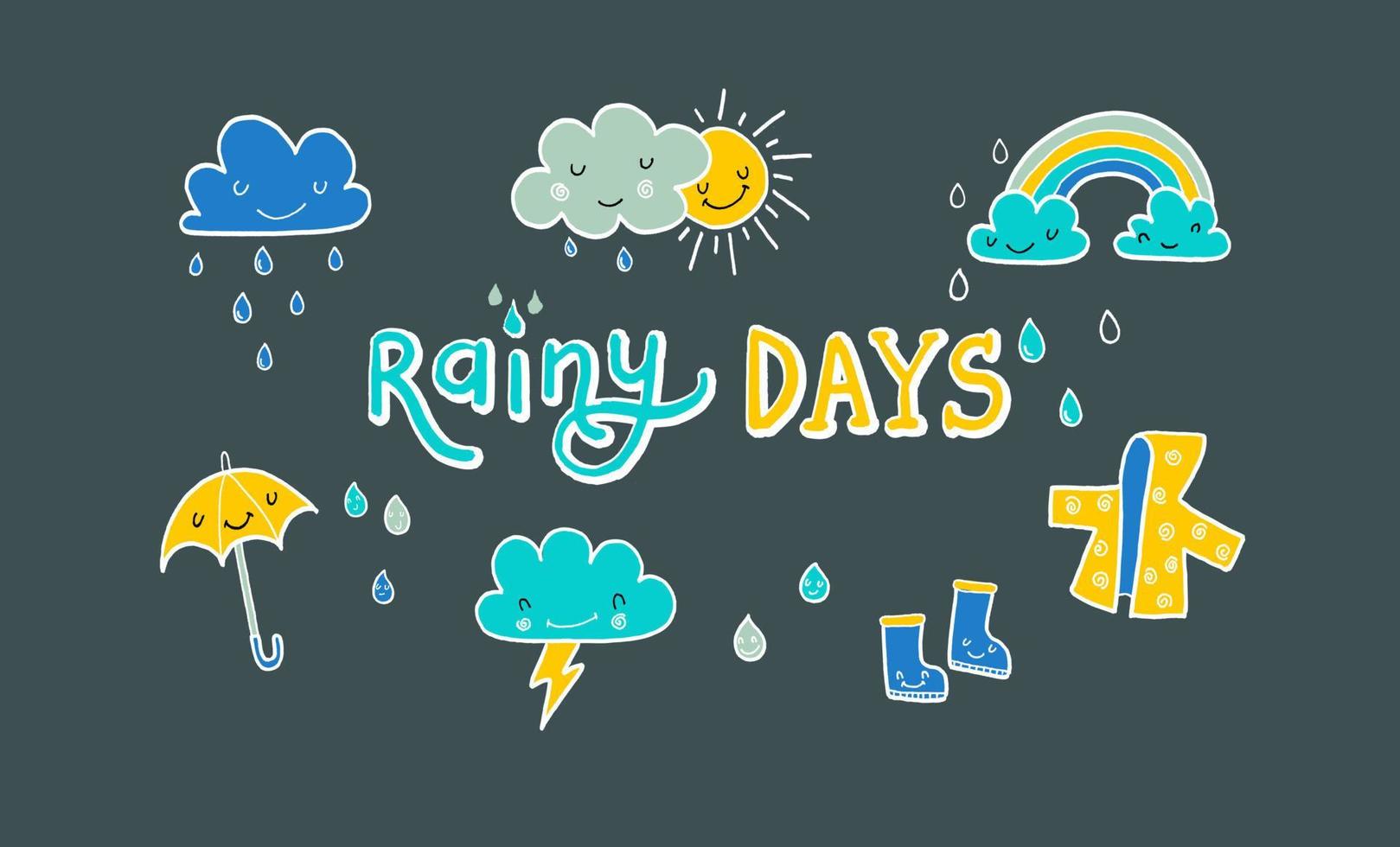 set of items rainy days. clouds, sun, rainbow, lightning, umbrella, rubber boots, raincoat and water drops vector