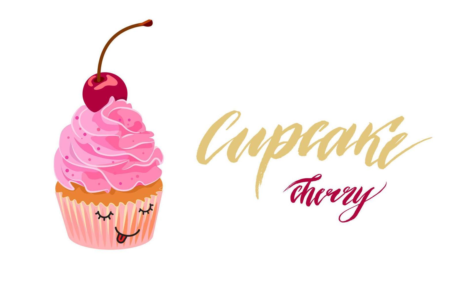 dibujo de un lindo cupcake con crema rosa y cereza vector