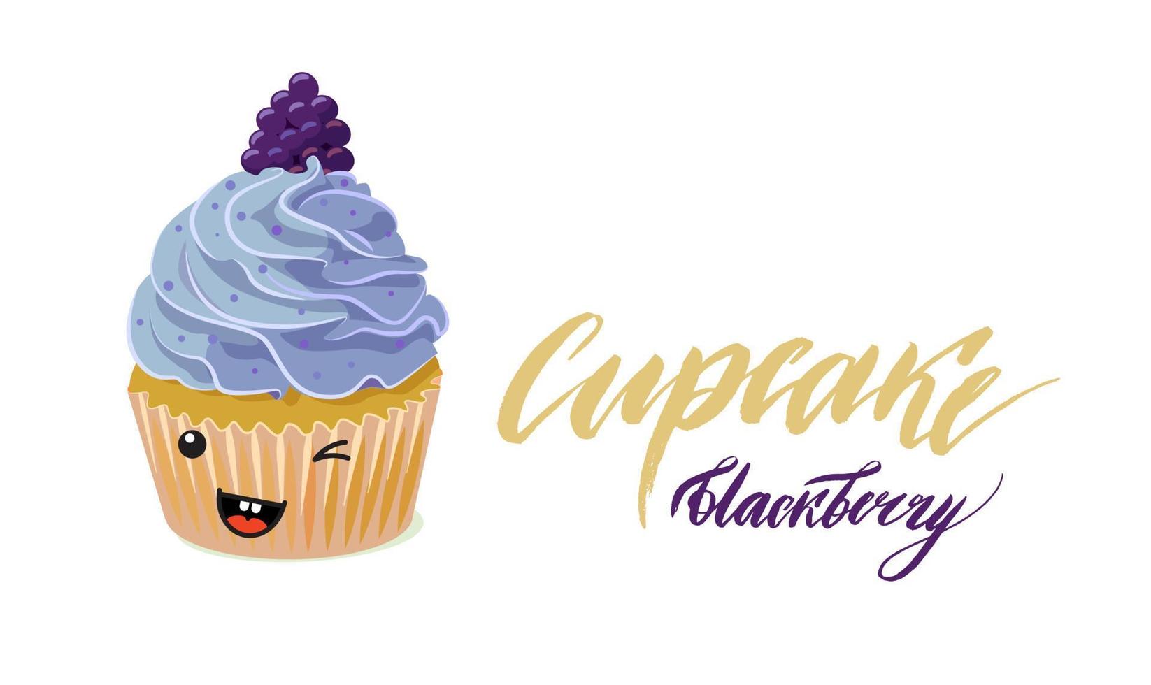 dibujo lindo cupcake con crema azul y mora vector