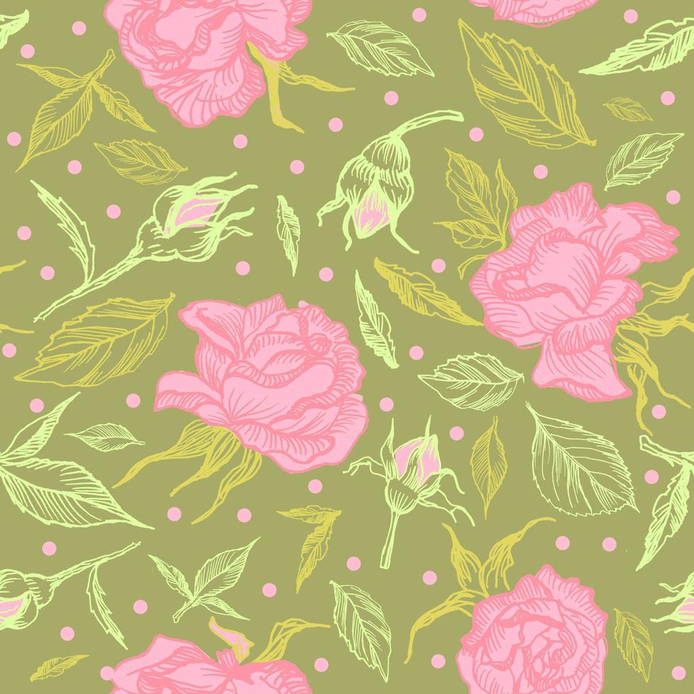 seamless pattern drawing pink roses on a green background vector