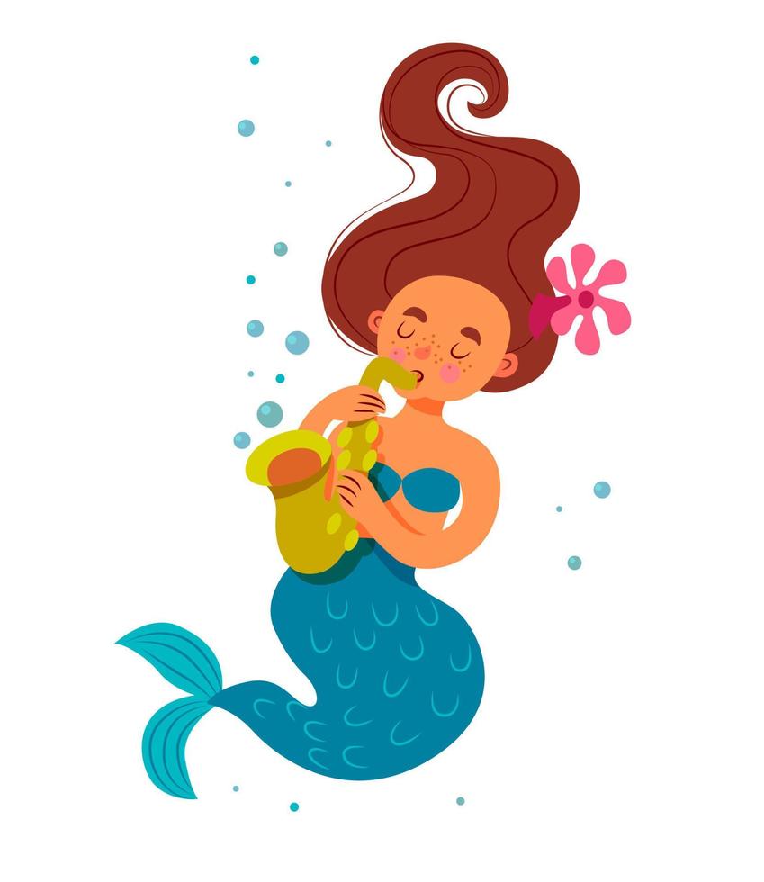 cute mermaid with brown hair plays the saxophone vector