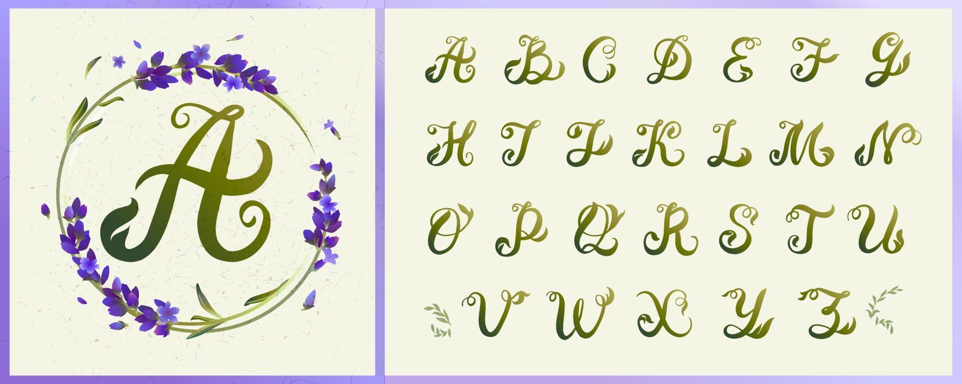alphabet uppercase letters from green leaves, wreath of lavender flowers. vector